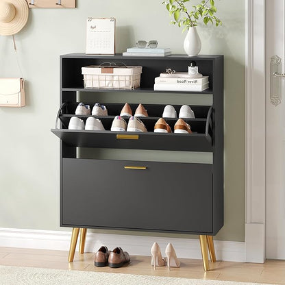 Shoe Cabinet Storage for Entryway, White Shoe Organizer with 2 Flip Drawers & Open Shelf, Freestanding Hidden Large Shoe Storage Cabinet (1pc-Black, 2 Flip Drawers with Shelf)