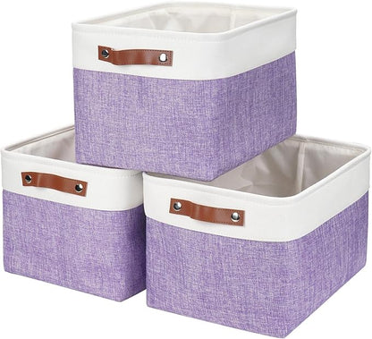 Bagnizer Storage Bins Large Fabric Storage Baskets for Shelves 3 Pack, Decorative Linen Closet Baskets with Handles for Organizing, Shelf, Clothes, Home, Office, 15x11x9.5Inches (Purple&White)