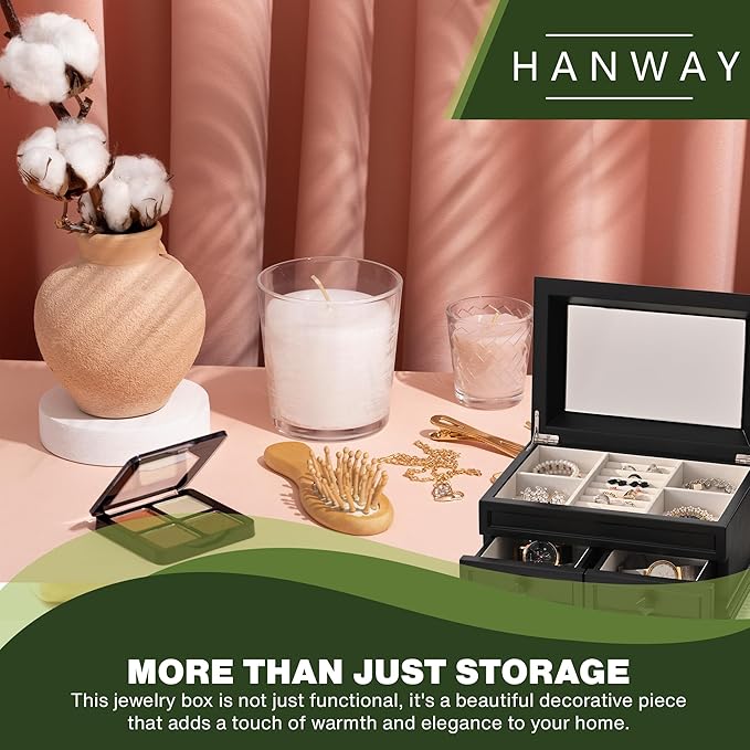 Hanway 2 Layers Wooden Jewelry Box Organizer for Women, with 7 compartments, featuring interior mirror & tray for watch, necklaces, earrings, bracelets, and rings (Black)