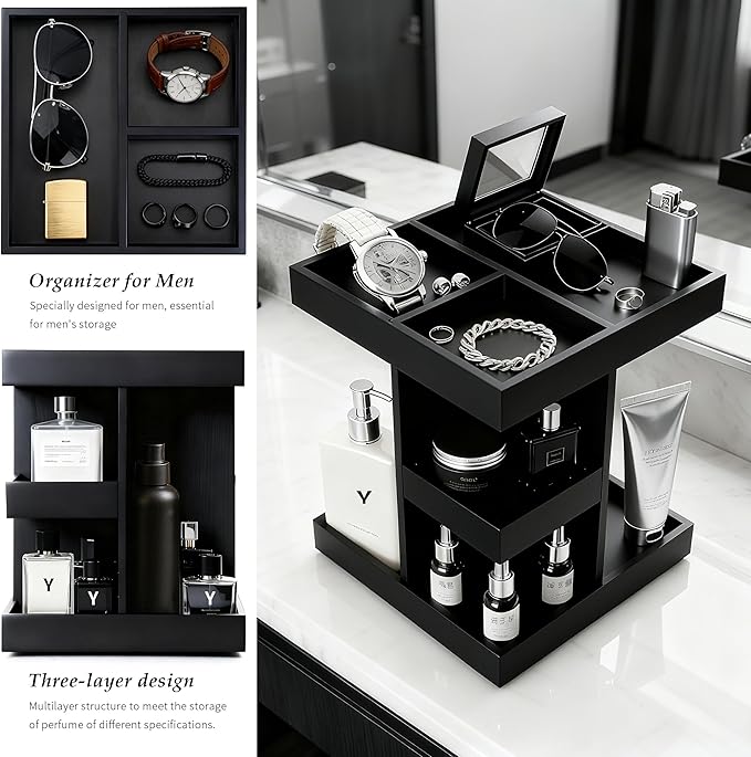 Rotating Cologne Organizer for Men, 3-Tier Large Capacity Wooden Perfume Stand with 360° Display, Desk & Dresser Organizer for Cologne, Watches & Accessories, Gift for Husband, Dad & Men (Black)