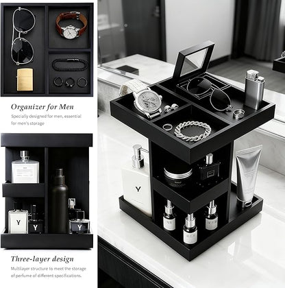 Rotating Cologne Organizer for Men, 3-Tier Large Capacity Wooden Perfume Stand with 360° Display, Desk & Dresser Organizer for Cologne, Watches & Accessories, Gift for Husband, Dad & Men (Black)