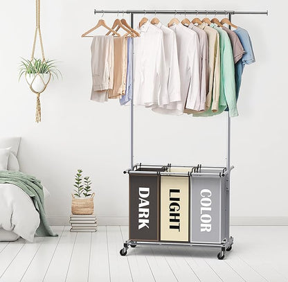 Simple Houseware 3-Bag Laundry Sorter with Extensible Clothes Hanging Rod, 3-Logoed Multi Color Bags