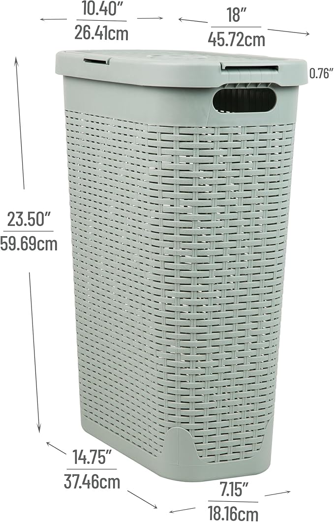 Mind Reader Slim Laundry Hamper with Lid, 40L Clothes Basket, Narrow Tapered Design with Ventilated Cutout Pattern, Plastic, Mint