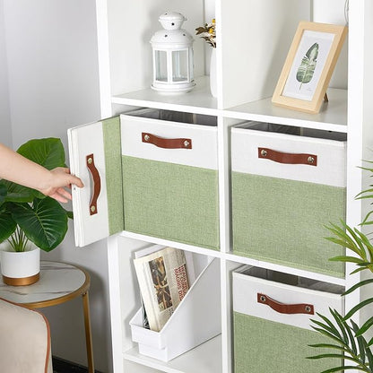DULLEMELO Fabric Storage Cubes, 12x12 Storage Cube Bins for Organizing, Foldable Storage Baskets Square Cloth Bins for Cube Storage, Cube Organizer for Storage,White&Green