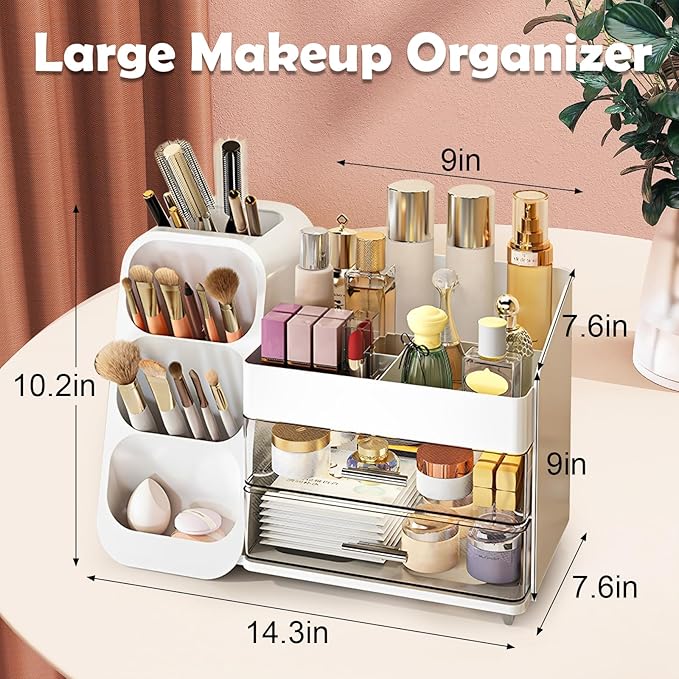 LZDMY Makeup Organizer Countertop, Vanity Organizer with Brush Holder, Cosmetic Display Case with Drawers, Skincare Organizer for Dresser, Bathroom, Makeup Storage Holder for Women Christmas gifts