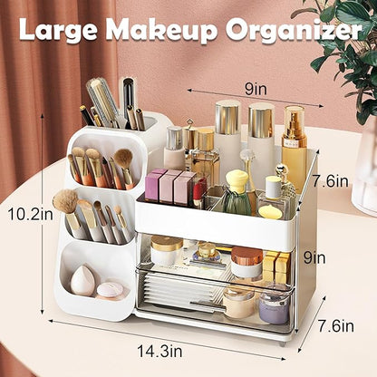 LZDMY Makeup Organizer Countertop, Vanity Organizer with Brush Holder, Cosmetic Display Case with Drawers, Skincare Organizer for Dresser, Bathroom, Makeup Storage Holder for Women Christmas gifts
