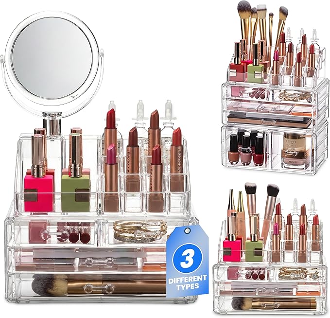 Masirs Clear Makeup Organizer with Mirror – 16-Compartment Cosmetic and Jewelry Holder, 4-Drawer Vanity Storage, Elegant Clear Design for Makeup and Accessories