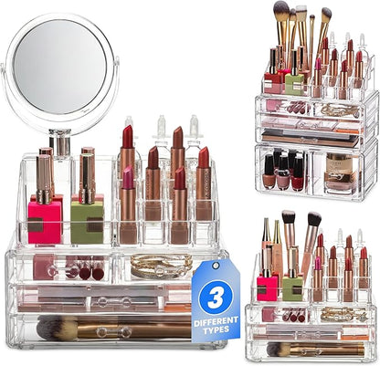 Masirs Clear Makeup Organizer with Mirror – 16-Compartment Cosmetic and Jewelry Holder, 4-Drawer Vanity Storage, Elegant Clear Design for Makeup and Accessories