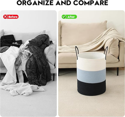 Laundry Basket Hamper Tall Rope Storage Woven for Blanket toys Dirty Clothes in Living Room Bathroom Bedroom (Gradient Blue, 100L/26.4Gal)