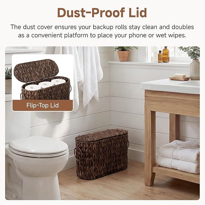 StorageWorks Bathroom Toilet Paper Storage Holder with Lid, Wicker Toilet Paper Basket for 6 Regular Rolls, Slim Basket Organizer with Handles, Water Hyacinth Storage Baskets for Bathroom, Brown