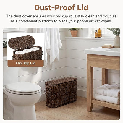 StorageWorks Bathroom Toilet Paper Storage Holder with Lid, Wicker Toilet Paper Basket for 6 Regular Rolls, Slim Basket Organizer with Handles, Water Hyacinth Storage Baskets for Bathroom, Brown