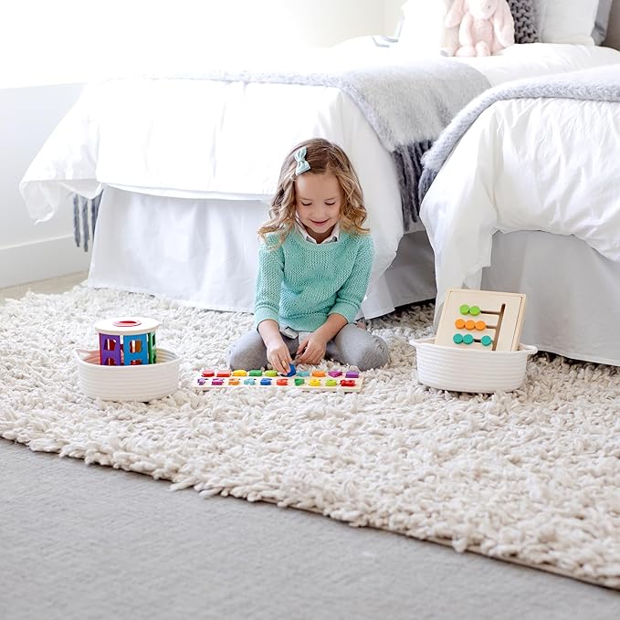 NaturalCozy 5-Piece Round Small Woven Baskets Set– Cotton Rope Baskets for Organizing! Montessori Toys, Fruits Remotes Key Tray Bowl for Entryway Desk, Shallow Catchall Home Décor, Cat Dog Bin Gift