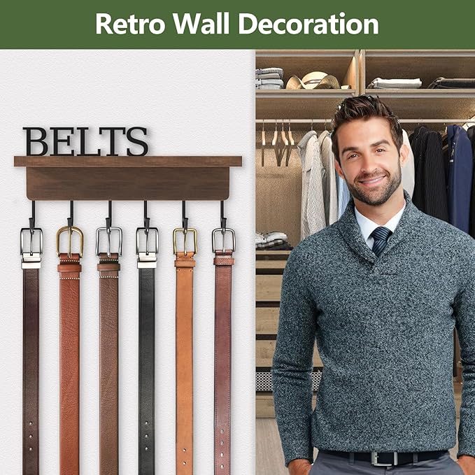 Belt Hanger Organizer for Closet, Wall Mount Belt Rack, Wooden Belt and Tie Organizer for Stores and Displays Mens Accessories (Length 9.8”) Brown
