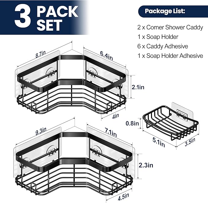 MAXIFFE 3 Pack X-Large Corner Shower Caddy with Soap Holder, Large Capacity and Easy Install, No Drilling Shower Shelves, Stainless Steel Shower Organizer Hold 40 LBS for Family Renters, Black
