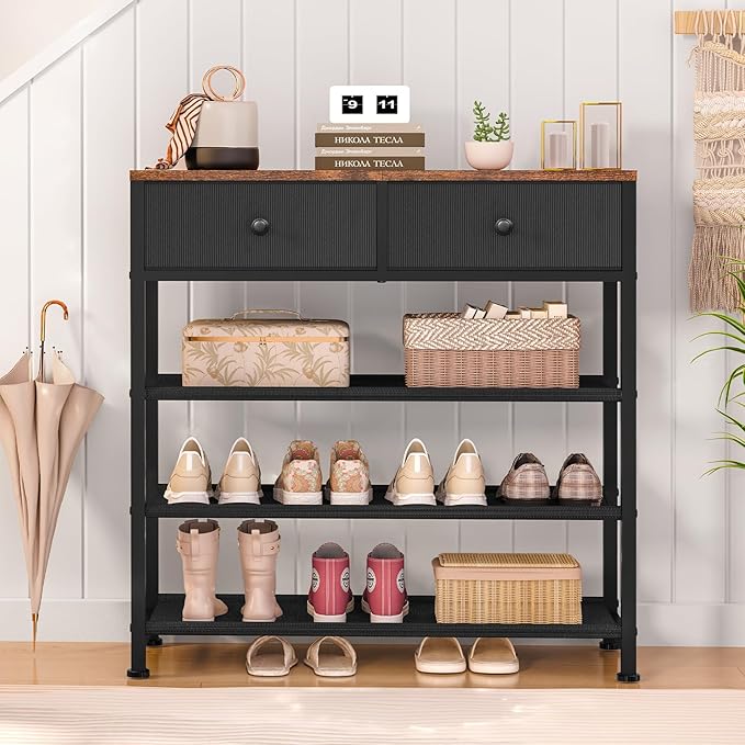 usikey Shoe Rack, 4 Tier Shoe Storage Organizer with 2 Drawers, Metal Shoe Shelf for 9-12 Pairs of Shoes, with 3 Oxford Fabric Shelves and Wooden Top, Shoe Stand for Closet Entryway, Black UNYXJX012H