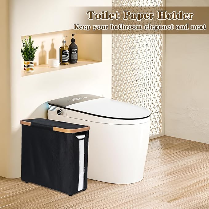 Toilet Paper Storage Basket with Lid - The Ultimate Bathroom Organizer, Free Standing Toilet Paper Holder for Up to 9 Mega Rolls, Toilet Tissue Storage Bin with Handle for RV Closet, Black