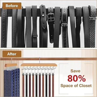 Tie Rack Hanger for Closet, 2 in 1 Belt Tie Hangers with 20 Folding Hooks, 360 Degree Rotating Wooden Tie Holder Organizer for Men Ties Belts Scarves Tank Tops Accessories, Wood (2 Pack)