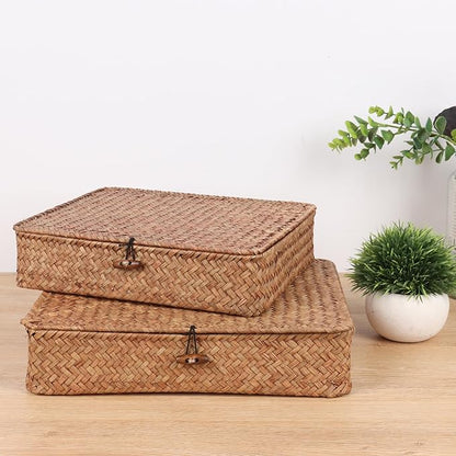 Moosky Flat Wicker Shelf Baskets with Lid, Handwoven Seagrass Basket Boxes for Storage Baskets Bins Home Decor Organizer (Coffee Set of 2)