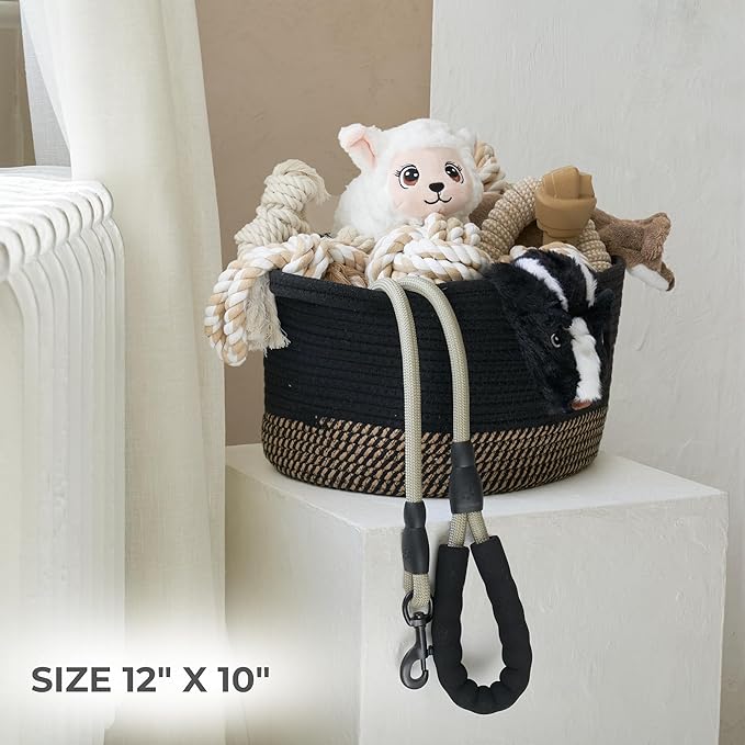 Stylish Cotton Rope Storage Basket For Dog Toys, Magazines or Books - The Perfect Woven Bin with Handles For Everyday Organization Reduces Clutter in Your Rooms - A Decorative Gift & Storage Box
