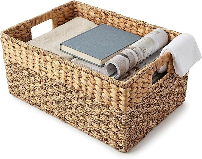 Medium Wicker Storage Baskets with Handles, Natural Seagrass and Hyacinth Woven Storage Basket for Organizing Shelves, Bedroom, Pantry, Rectangular, 15.5 x 9.5 x 6.5 Inches