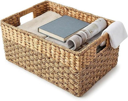 Medium Wicker Storage Baskets with Handles, Natural Seagrass and Hyacinth Woven Storage Basket for Organizing Shelves, Bedroom, Pantry, Rectangular, 15.5 x 9.5 x 6.5 Inches
