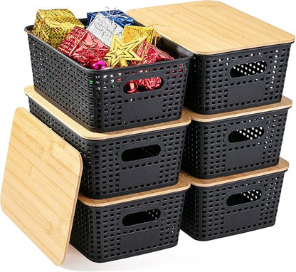 BAMBOO LAND- Plastic Storage Baskets with Bamboo Lid, 6 pcs, Black Small Pantry Storage Baskets with Lids