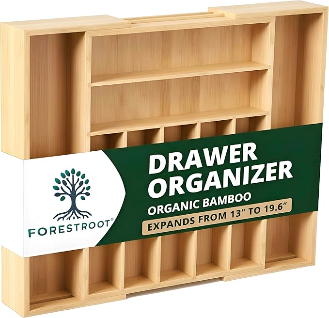 Bamboo Drawer Organizer – Expandable 9 Slot Silverware & Utensil Tray for Kitchen, Office & Kitchen –Fits 13”–19.6” Drawers, Natural Bamboo Wood, Deep Compartments - Durable & Eco-Friendly