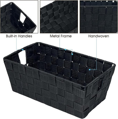 Black Storage Baskets for Shelves, Woven Shelf Baskets for Organizing, Small Strap Organizer Basket for Bathroom Storage, Set of 4