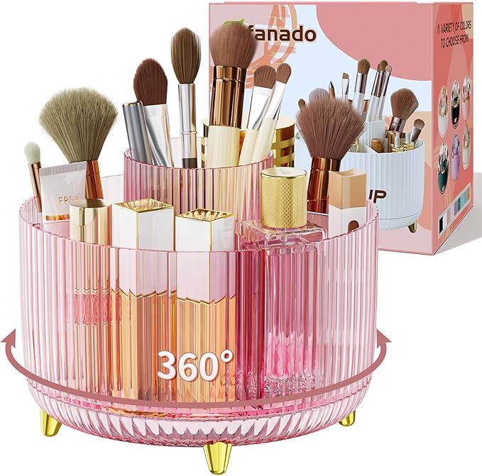 Clear Rotating Makeup Organizer Countertop for Vanity, 360° Makeup Brush Holder Organizer with 5 Compartments, Transparent Cosmetic Storage for Lipstick, Skincare, Bathroom Counter (Transparent Pink)
