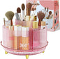 Clear Rotating Makeup Organizer Countertop for Vanity, 360° Makeup Brush Holder Organizer with 5 Compartments, Transparent Cosmetic Storage for Lipstick, Skincare, Bathroom Counter (Transparent Pink)