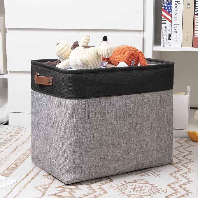 DULLEMELO Large Collapsible Storage Basket/Bin with Sturdy Leather Handles, Fabric Organizer Bin for Storage Clothes, Books, Office, Bedroom, Closet, Nursery & Laundry (Black&Gray)
