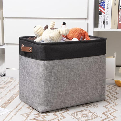 DULLEMELO Large Collapsible Storage Basket/Bin with Sturdy Leather Handles, Fabric Organizer Bin for Storage Clothes, Books, Office, Bedroom, Closet, Nursery & Laundry (Black&Gray)