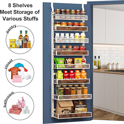 8 Tier Pantry Door Organizer Spice Rack, 2-IN-1 Wall Mount or Hanging Over Door Seasoning Organizer with Adjustable Baskets, Heavy Duty Behind Door Storage Shelves for Pantry, Cabinet and Kitchen