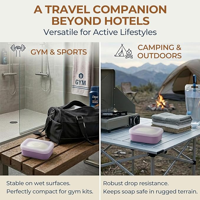AIMAIAIMAI Enhanced Leak Proof Travel Soap Container, Compact Silicone Travel Soap Holder with Drainage Pad, Great for Camping, Gym and Business Trip (Purple)