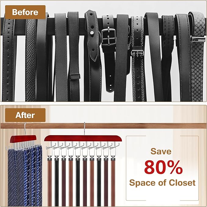 Tie Rack Hanger for Closet, 2 in 1 Belt Tie Hangers with 20 Folding Hooks, 360 Degree Rotating Wooden Tie Holder Organizer for Men Ties Belts Scarves Tank Tops Accessories, Walnut (1 Pack)