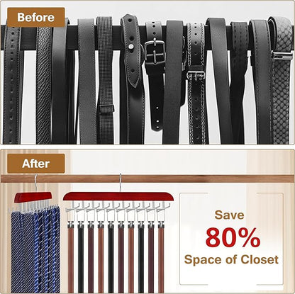 Tie Rack Hanger for Closet, 2 in 1 Belt Tie Hangers with 20 Folding Hooks, 360 Degree Rotating Wooden Tie Holder Organizer for Men Ties Belts Scarves Tank Tops Accessories, Walnut (1 Pack)