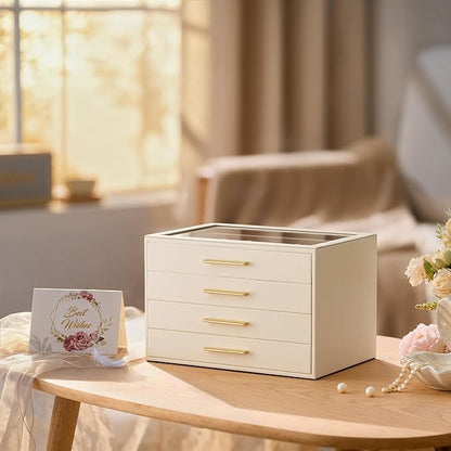 pickpiff Jewelry Box Organizer Case for Women: 4-Layer Jewelry Storage Case with Glass Window, Ivory Leather with Pink Velvet, Holder for Ring Necklace Bracelet Brooch Watch, Great Gift for Her