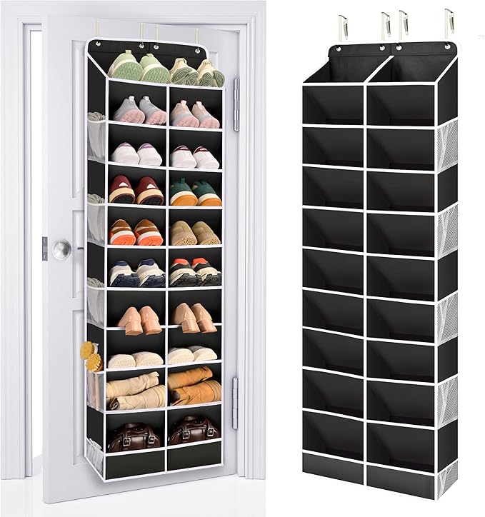 ULG Over The Door Shoe Organizer for Closet Fit 24-32 Pairs with Large Deep Pockets, Narrow Shoe Rack for Door Hanging Boots Storage, Black