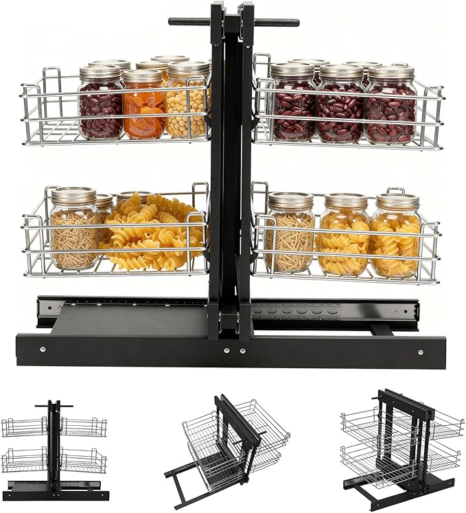 Blind Corner Pull-Out Organizer, 2-Tier 4-Shelf Cabinet Storage Basket with Soft-Close, Left/Right Open Compatible for 15" Minimum Opening, Chrome Steel Kitchen/Bathroom Cabinet Organizer