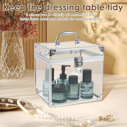 Crown Boxes for Pageants 7.9 X 6.7 X 7.5 In Clear Large capacity Makeup Train Case Cosmetic Case with Latches and Handle Toiletry Organizer Box Travel Makeup Tools Storage Organizer Box