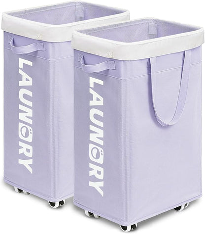 Goodpick Laundry Basket with Wheels 2-Pack, 75L Collapsible Laundry Baskets with Removable Wash Bag, Clothes Laundry Hamper on Wheels, Light Purple