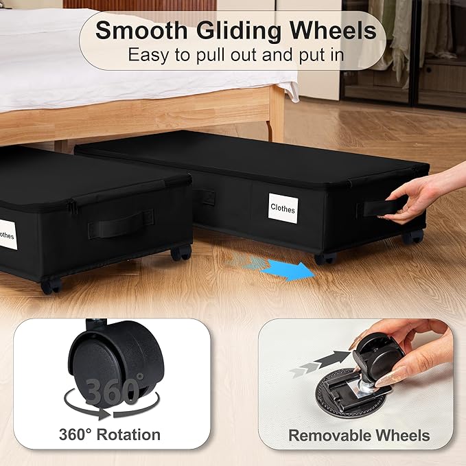 Vincona Under Bed Storage with Wheels, Rolling Under Bed Storage Containers with Label Holders for Clothes, Shoes and Blankets, Underbed Shoe Organizer with Cover, 2 Pack Black (30.71x15.7x7.28 in)