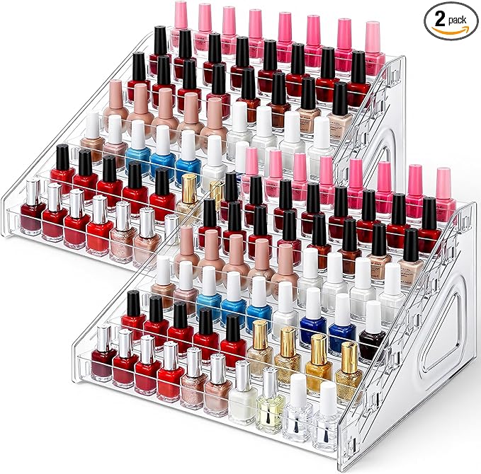 2 Pcs 7 Layers Nail Polish Organizer, Clear Plastic Nail Polish Stand Large Essential Oil Storage Holder for Cosmetic, Eyeglasses, Perfume, Jewelry, Lipstick