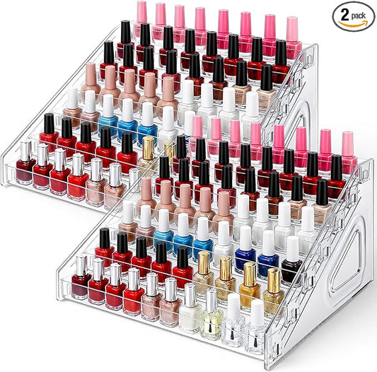 2 Pcs 7 Layers Nail Polish Organizer, Clear Plastic Nail Polish Stand Large Essential Oil Storage Holder for Cosmetic, Eyeglasses, Perfume, Jewelry, Lipstick