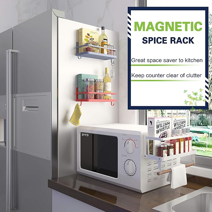 Magnetic Spice Rack, Strong Magnetic Shelf with 2 Removable Hooks, Perfect Space Saver for Small Kitchen/Apartment, Awesome Metal Cabinet for Holding Spices, Jars, Bottle, Beve(Red, 2Pack)