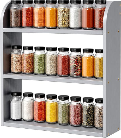 ROMGUAR CRAFT 3 Tier Bamboo Spice Rack, Countertop or Wall Mounting Wood Spice Jars Organizer Shelf for Kitche, Pantry (Grey)