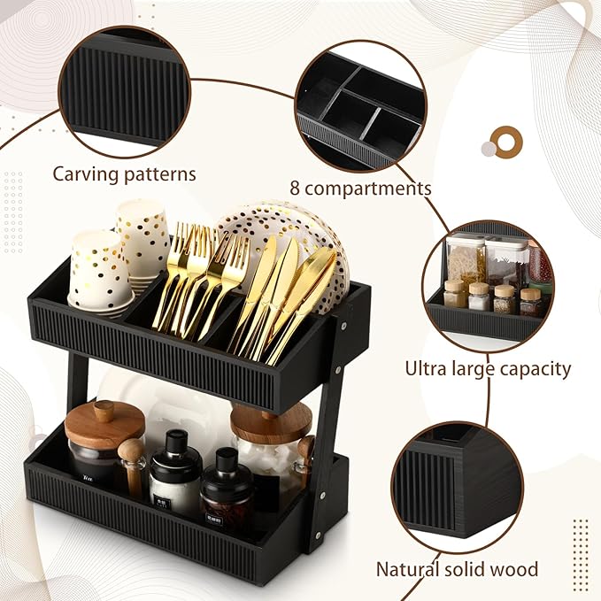 Novabright 2 Tier Paper Plate Dispenser for Kitchen Counter, Paper Plate Organizer, Rustic Wooden Utensil Holder for Party Countertop Cutlery Flatware Storage Rack for Napkin Cup Spoon Fork(Black)
