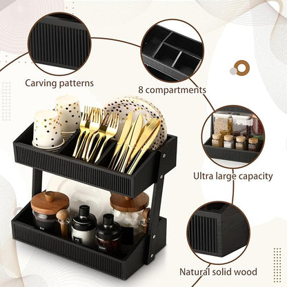 Novabright 2 Tier Paper Plate Dispenser for Kitchen Counter, Paper Plate Organizer, Rustic Wooden Utensil Holder for Party Countertop Cutlery Flatware Storage Rack for Napkin Cup Spoon Fork(Black)