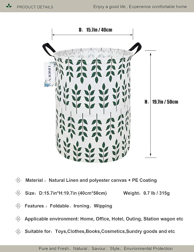 Round Waterproof Laundry Basket,Foldable Storage Basket,Laundry Hampers with Handle,Gift Basket,Suitable For Children's Room and Toy Storage (Leaf)
