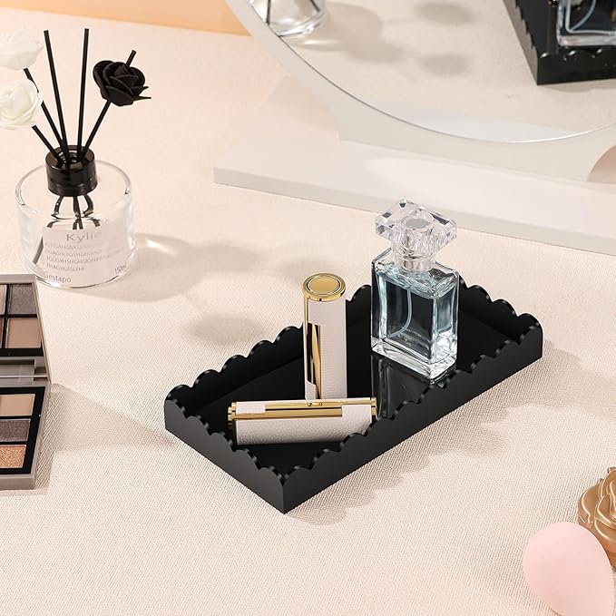Acrylic Bathroom Vanity Tray 7.9", Soap Dispenser Decorative Scalloped Tray for Bathroom Kitchen Living Room Decor Vanity Perfume, Black